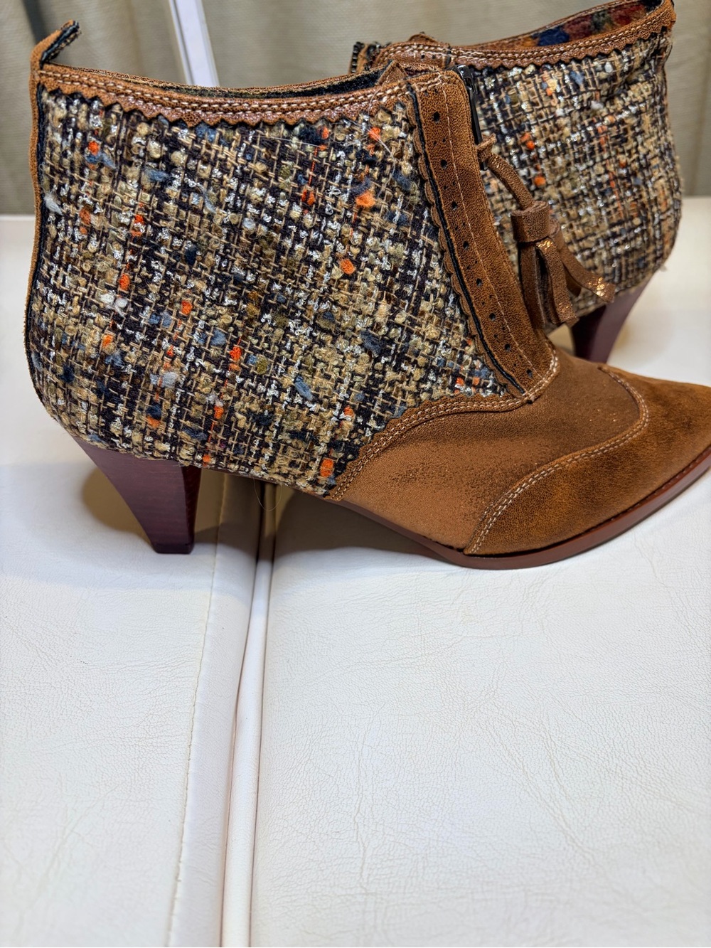 Irregular Choice Brown Suede Tassel Ankle Booties with Tweed Panels - Picture 3 of 12